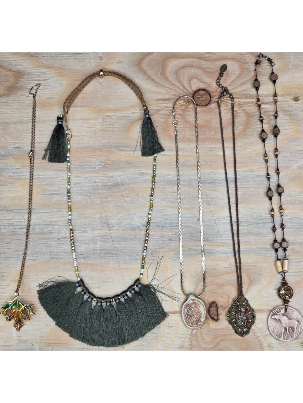 Lot of 5 Boho Pendant Necklaces Owl Moose Leaf Tassel Costume Jewelry